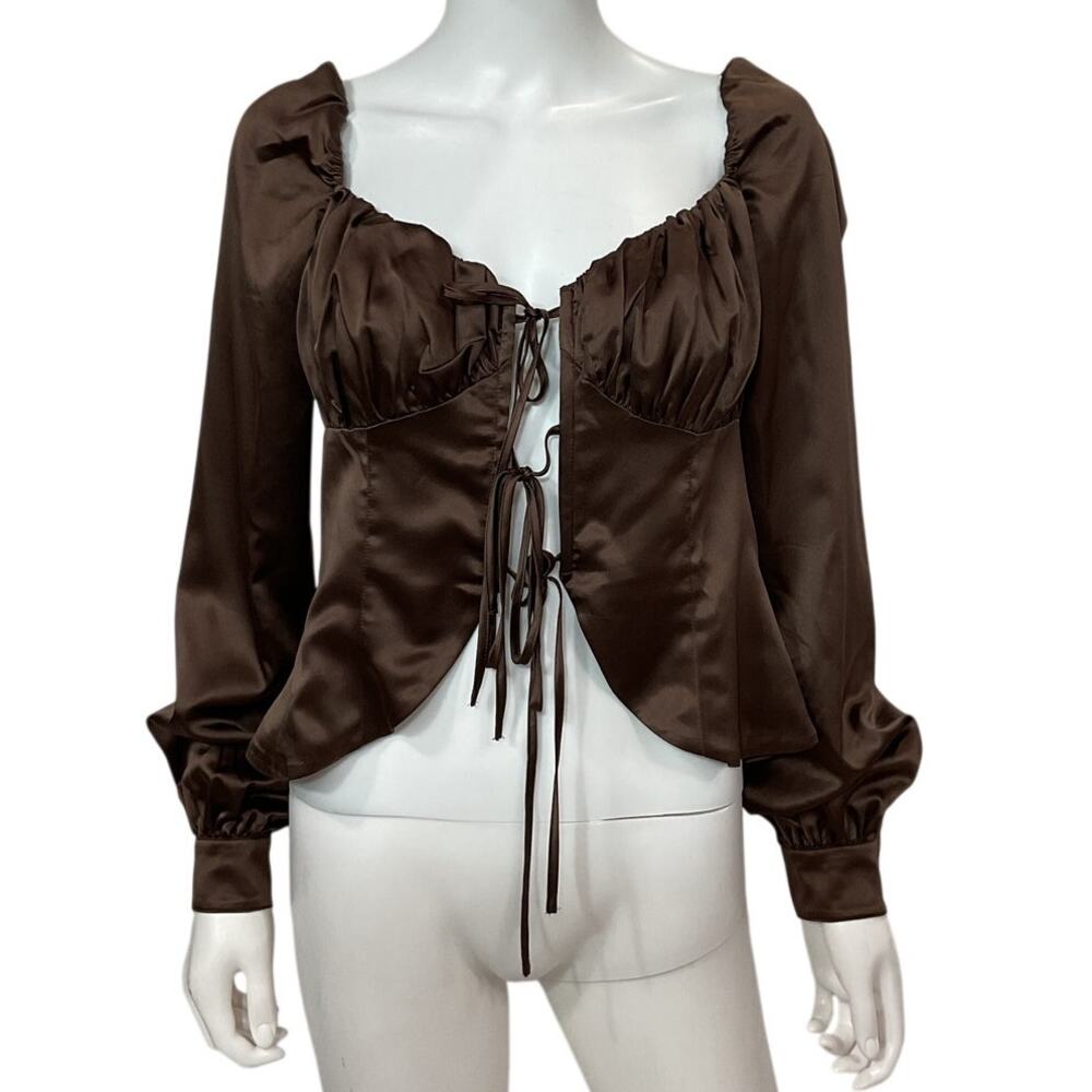 Majorelle Satin Chocolate Brown Waldorf Blouse Size M - Picture 2 of 5